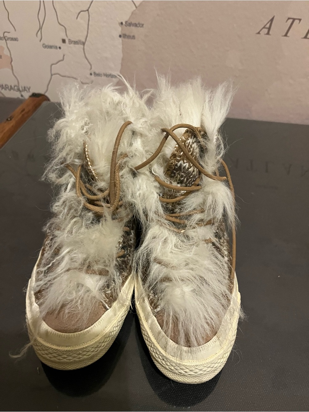 Missoni Brown Knit Sneakers with Cream Fur Trim